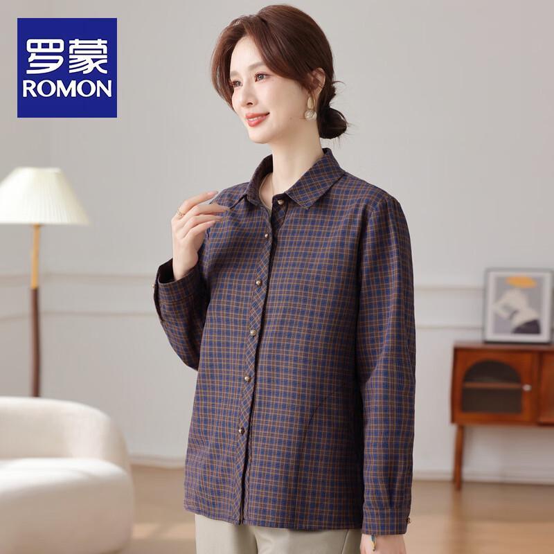 ROMON Women s Pure Cotton Plaid Long-Sleeve Shirt 5XL