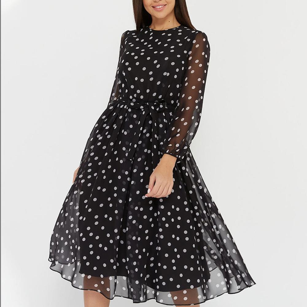 Damen Frühling Sommer Gepunktetes Chiffon Midi-Kleid Rundhalsausschnitt Langarm Bindegürtel A-Linie Fließendes Freizeitkleid für Büro Alltag Urlaub Party