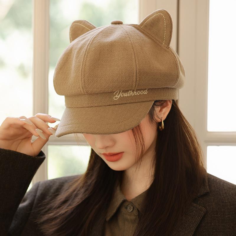 Retro Octagonal Hat with Big Head and Face In Autumn and Winter Small Beret Versatile Cat Ears and Baseball Cap