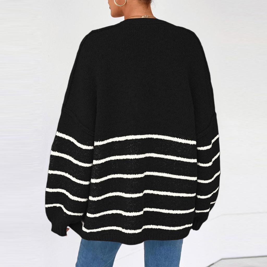Women's Fashion Stripe Coats Long Sleeved Knitted Casual Cardigan Sweater Jacket