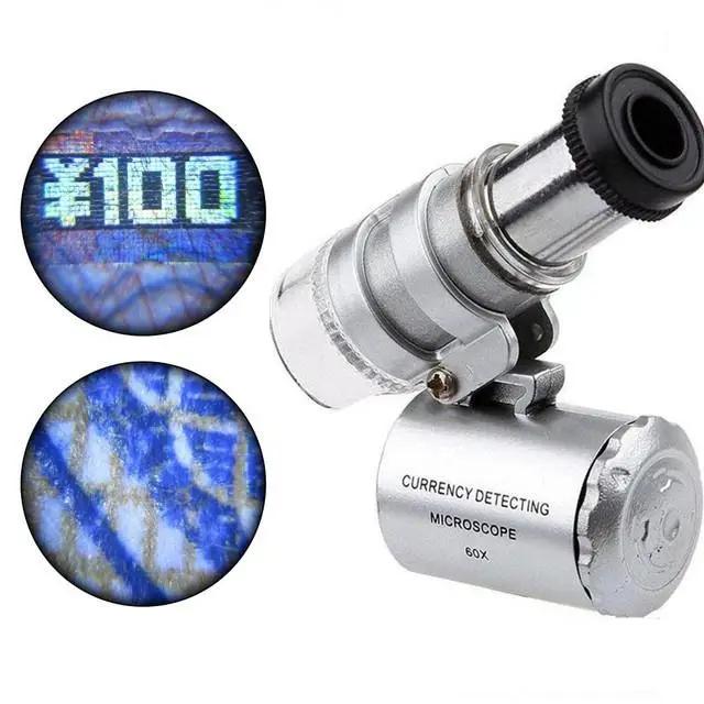 1 Pcs Mini 60X Pocket Microscope LED Jewelry Loupe UV Currency Detector Portable Magnifier Magnifying Eye Lens