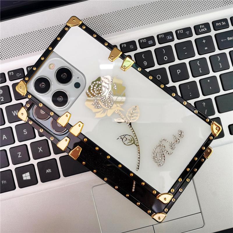 Luxusní Glitter Gold Rose Flower Cover Square Diamond Case pro Samsung Galaxy Huawei Xiaomi Redmi iPhone VIVO OPPO