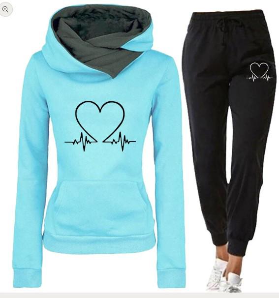 Women's Heartbeat Print Hoodie & Sweatshirt Set - Casual Sportswear for Spring & Autumn