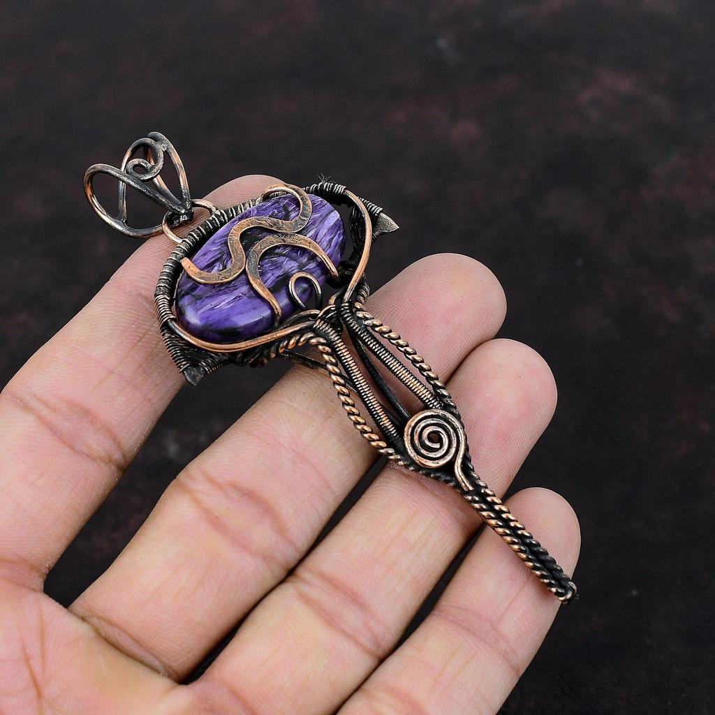 Charoite Pendant Copper Wire Wrapped Pendant Handmade Amazing Pendant Gemstone Jewelry For Gift Antique Copper Jewelry Wire Wrapping Pendant