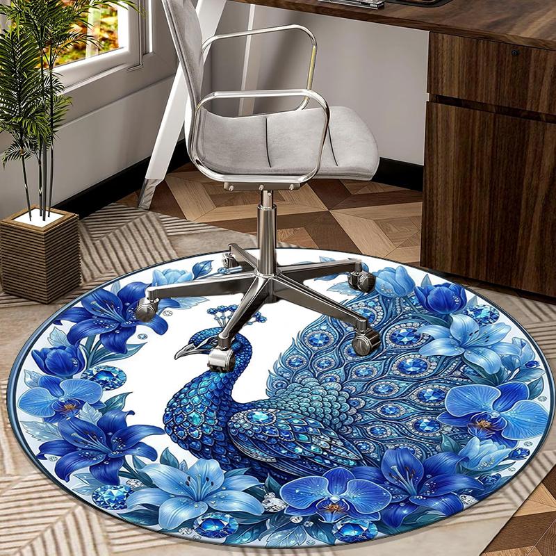 Blue Peacock Floral Art Round Carpet Chair Cushion Round Entryway Rug, Soft Round Rugs for Living Room, Bedroom, Circle Carpet Decor Gifts