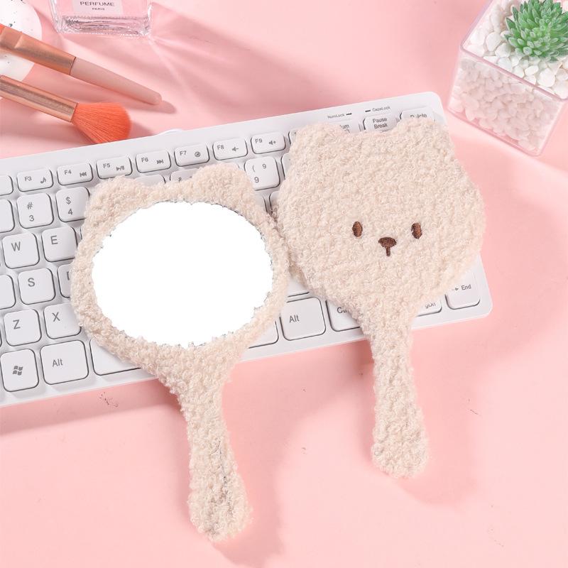 

Cute Plush Bear Handheld Makeup Mirror High Definition Vanity Mirror for Women Girls Portable Round Cosmetic Mirror with Handle бежевий