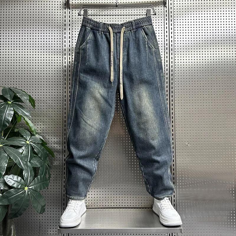 Calça Jeans Masculina JYL Nova Versátil Reta Solta Cropped Patchwork High Street Rasgada Denim