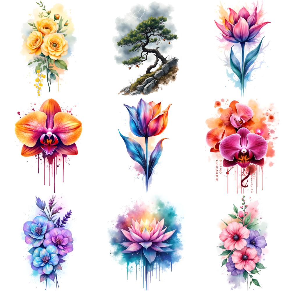 9pcs Temporary Tattoo Waterproof Long-lasting Body Stickers Daisy Sunflower Orchid For Cheeks Shoulders Children