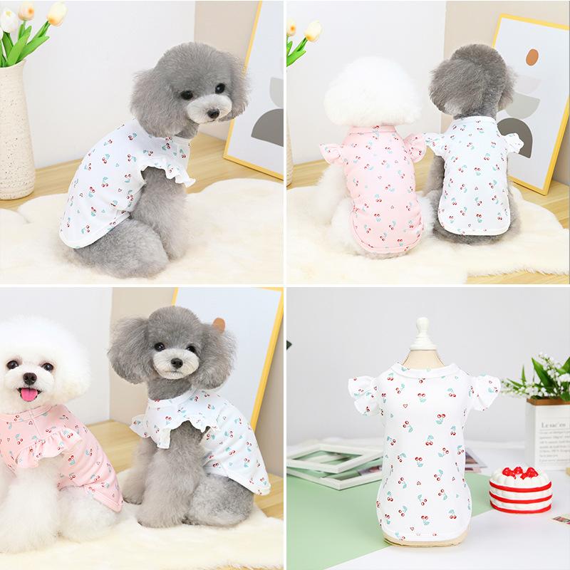 Ins New Hundeklær Blonde T-skjorte Små og mellomstore Hunde Schnauzer Blomster Topp Tegneserie Cherry Kjæledyr Vest Sommer Kjæledyr