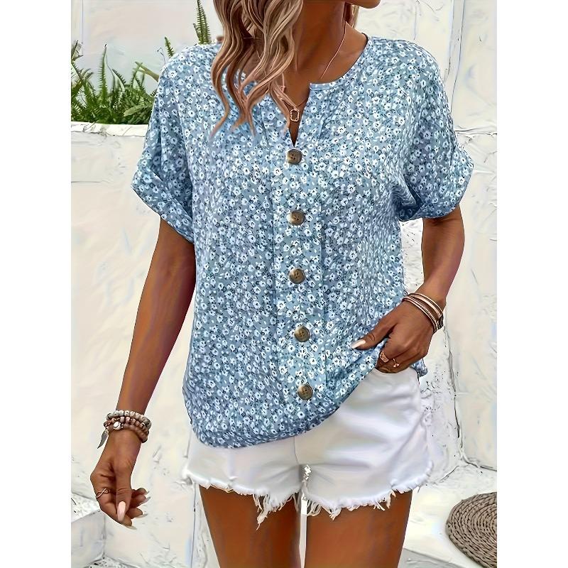 Summer Printed Women's T-shirt Elegant Floral Buttons Short Sleeve Loose Casual T-shirts Women Fashion Vintage Office Ladies Pullover Tee Tops New