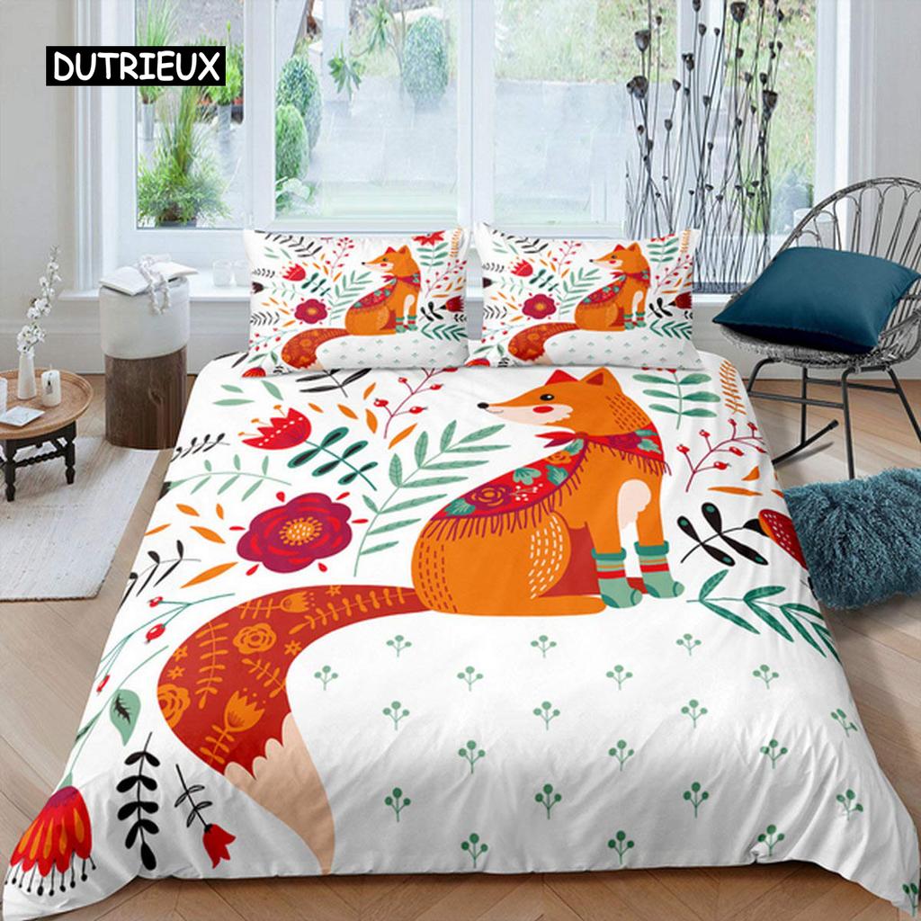Fox Duvet Cover Set Girls Cartoon Fox Bedding Set Lovely Animal Theme Comforter Cover for Kids Teens King Polyester Quilt Cover