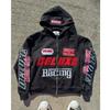 Bacing Print Zip-Up Hoodie Mens Loose Fit Streetwear Sweatshirt