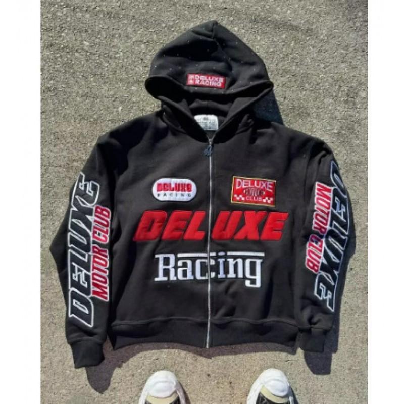 Bacing Print Zip-Up Hoodie Mens Loose Fit Streetwear Sweatshirt