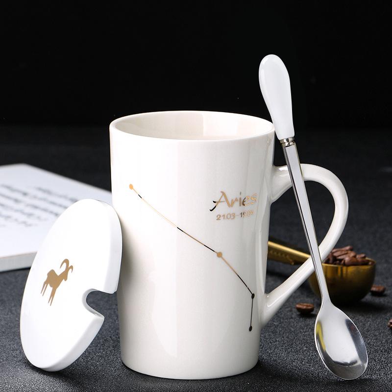Creative Ceramic Mug - Zodiac Constellations with Lid & Spoon, Perfect Gift for Couples