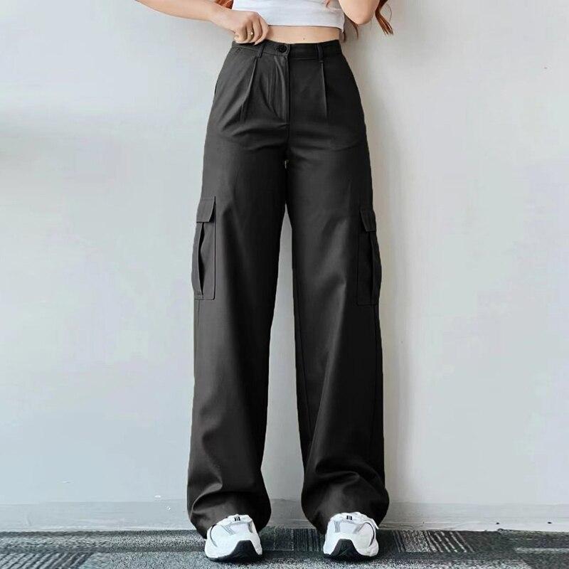 Women's Solid Color Versatile Casual Mid-waist Three-dimensional Pockets Loose Work Pants