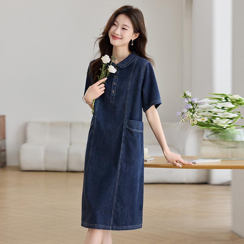 

Casual denim dress women s summer new loose and thin temperament versatile short-sleeved thin shirt skirt 2XL синьо сірого кольору
