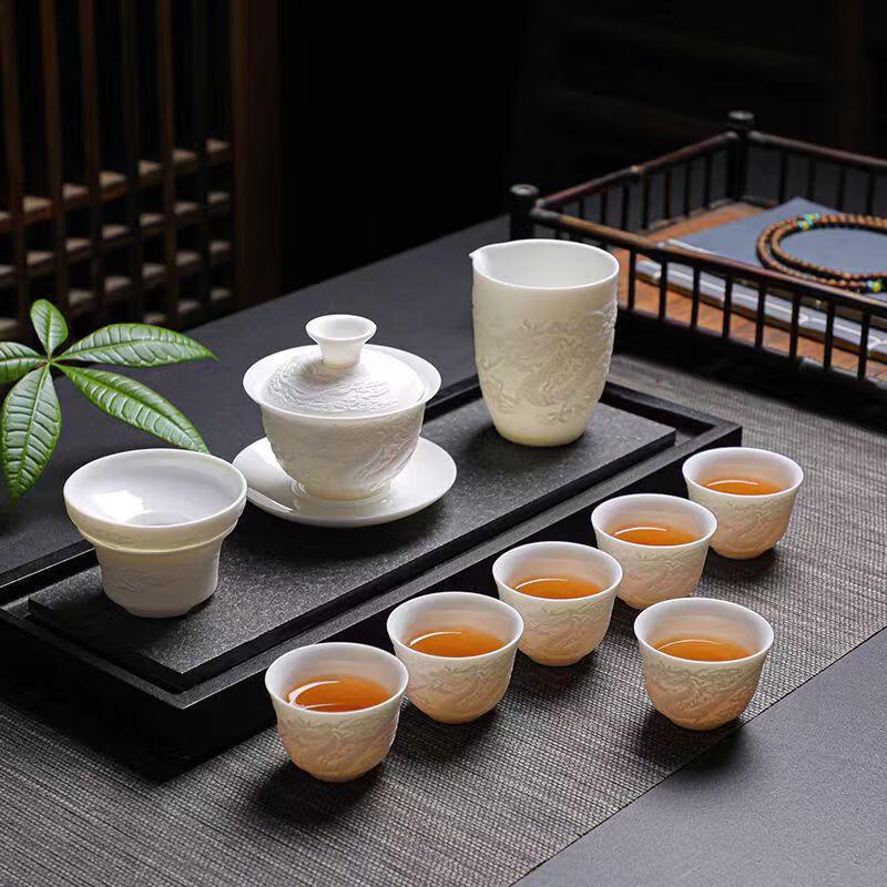 Dragon Embossed Ceramic Gaiwan Tea Set Gift Box