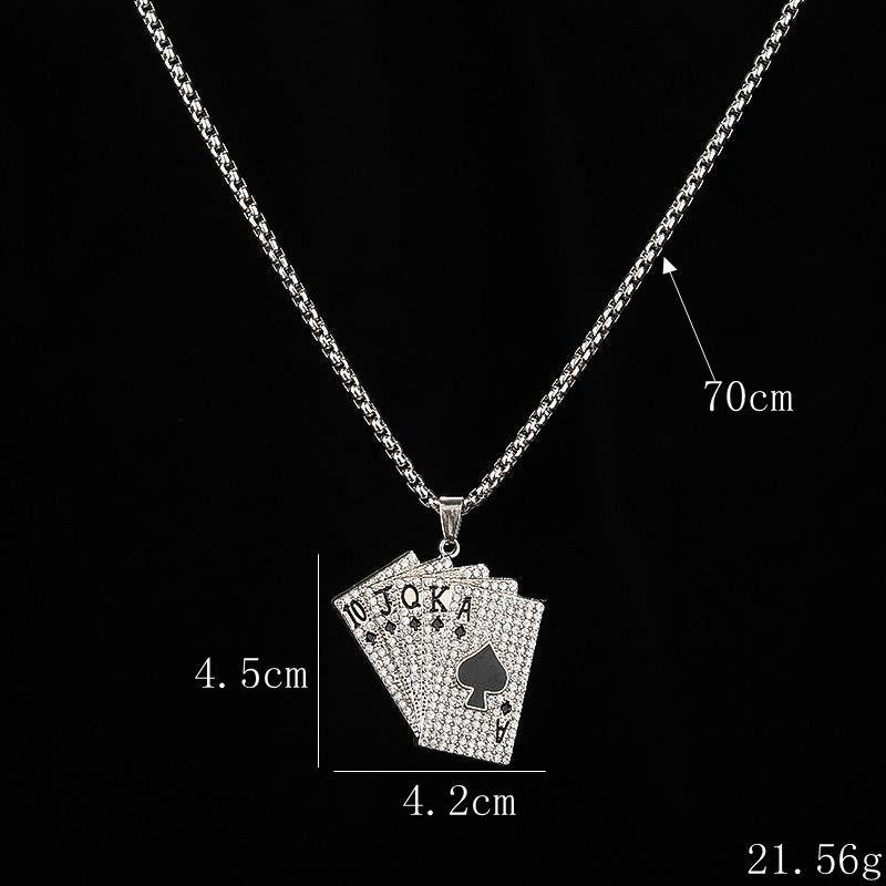 Retro Playing Card Hip-Hop Necklace for Men & Couples - Diamond-Studded Straight Flush Chain