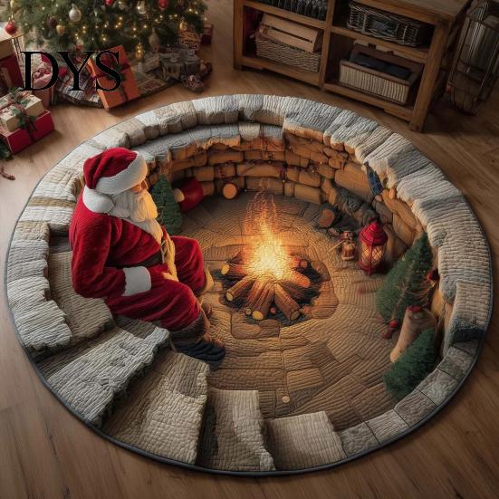 Tapis de zone de vacances Noël Tapis 3D, Tapis rond décoratif à illusion Tapis optique Tapis de sol, Festif pour la décoration intérieure de la maison Salon Doux Confortable