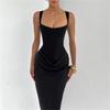 2026 Spring European & American Style Square Neck Pleated Spaghetti Strap Waist-Cinched Hip-Hugging Long Dress