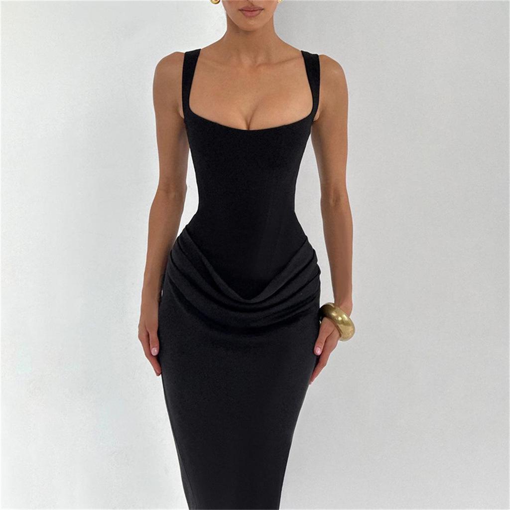 2026 Spring European & American Style Square Neck Pleated Spaghetti Strap Waist-Cinched Hip-Hugging Long Dress