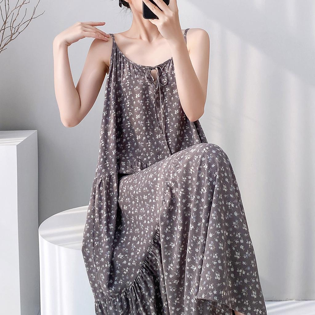 Summer sleeveless suspender cotton and silk nightdress women's lace-up can be worn outside loungewear high-end vacation long dress dress thin