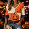 Women's V-Neck Color Block Halloween Print Top with Three-Quarter Sleeves