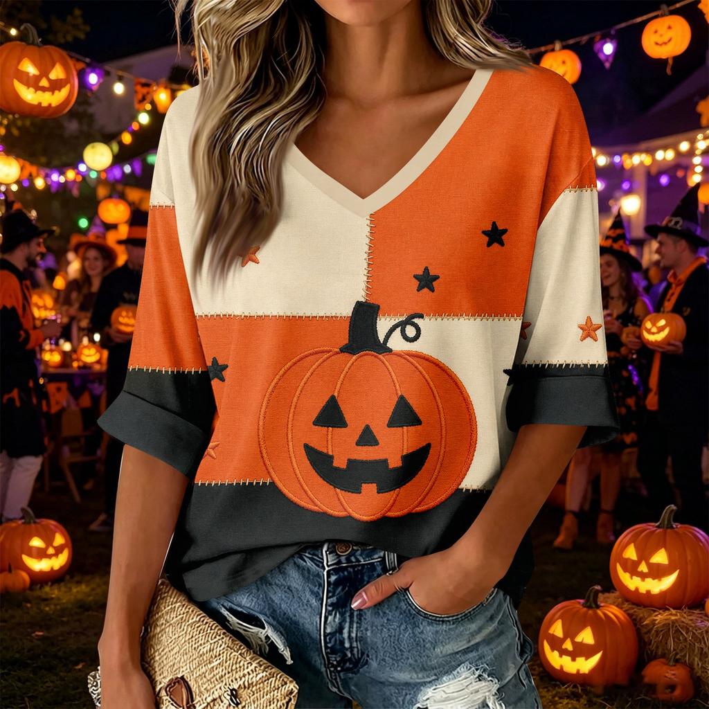 Women's V-Neck Color Block Halloween Print Top with Three-Quarter Sleeves