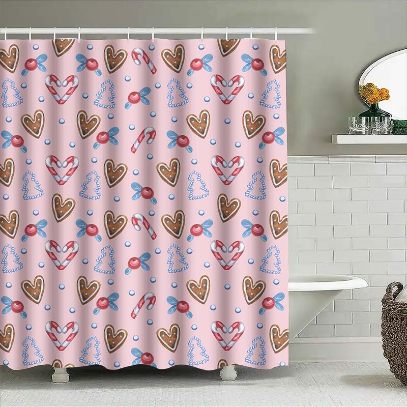 Bathroom Shower Curtain Set with Candy Cane Pattern for Christmas Decorations Pink Waterproof Fabric for Bathrooms
