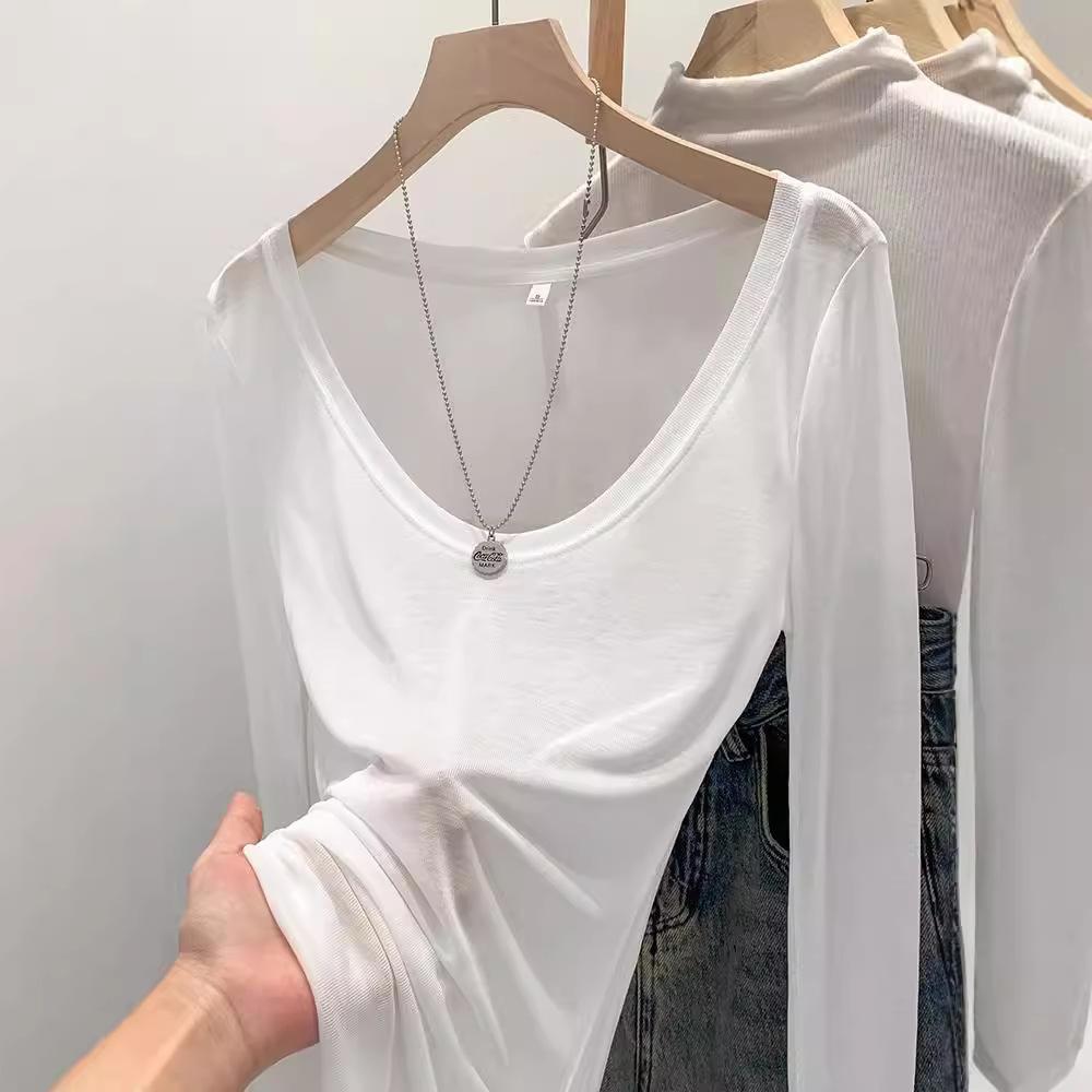 Tencel Skin Friendly Thin Slightly Sheer Slim Fit Spicy Girl White U Neck Sun Protection Base Layer Cover Up T Shirt Women Early Autumn Top
