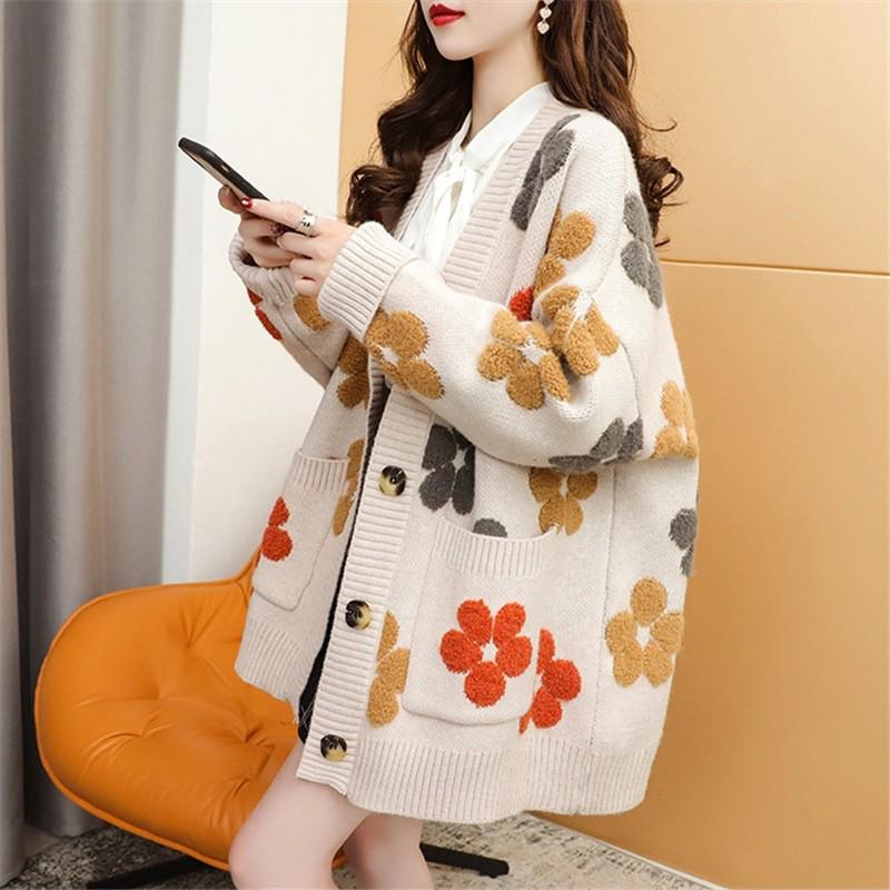 Women's Color Block Jacquard Knit Cardigan - Korean Style Loose Fit for Autumn and Winter.