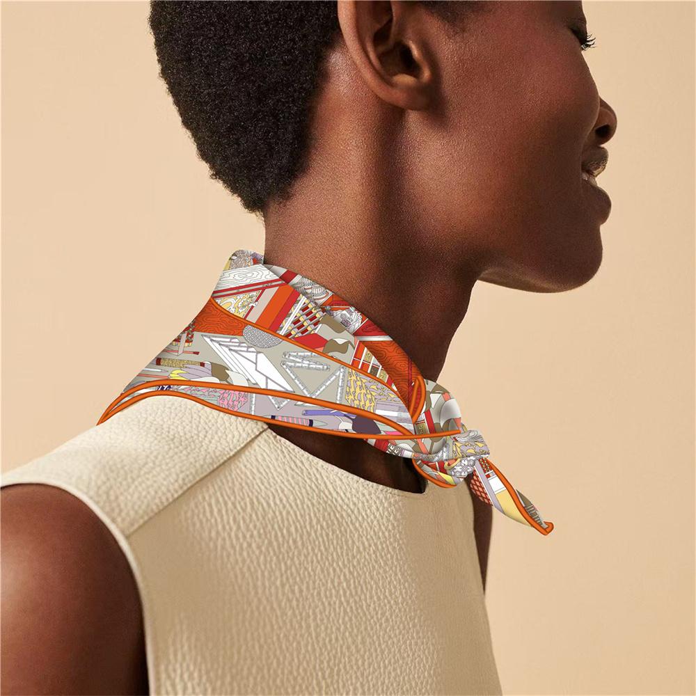 POBING Hand Rolled Twill Silk Scarf Women Toolbox Double Side Printed Square Scarves Wraps Echarpes Foulards Femme Hijab 53CM