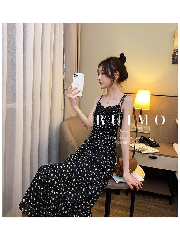 Women's French-Style Slimming Floral Camisole Dress - Summer Waist-Cinching Fairy Design