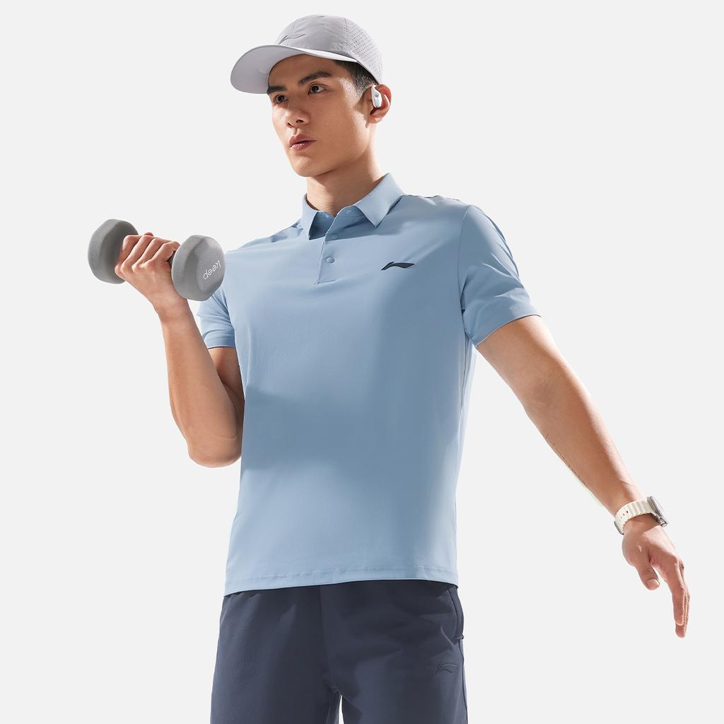 Li Ning Breathable Solid Color Logo Short Sleeve Polo Shirt Men tops Cyan-Gray-Blue APLV039-8