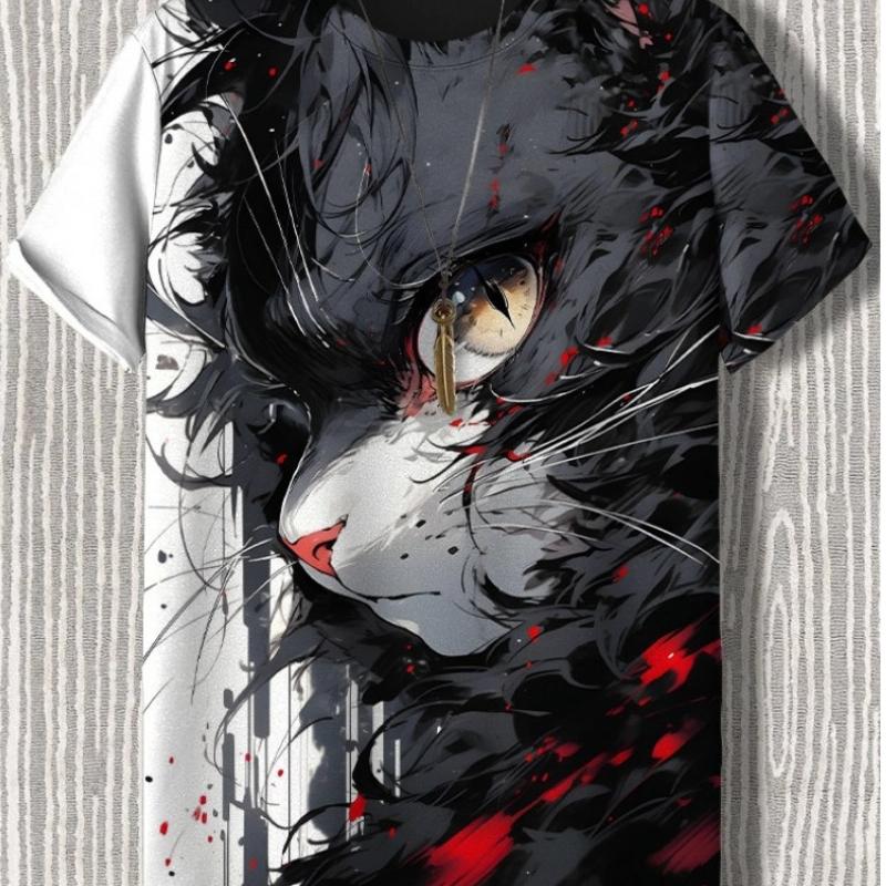 Maglietta da uomo in stile giapponese con grafica Samurai Cat, stampata in 3D, casual, a maniche corte, per esterni, abbigliamento da uomo oversize
