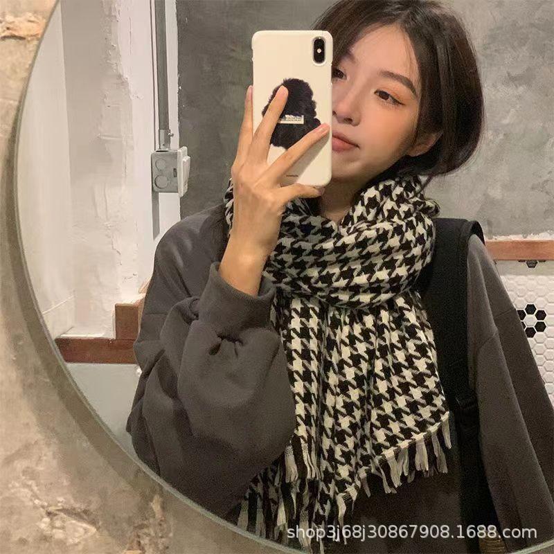

Korean version of mohair plaid scarf women s winter sea salt milk coffee blue thickened atmosphere warm student shawl scarf