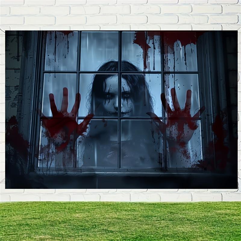One Piece, Halloween Ghost Zombie Background Cloth, Polyester, Haunted House Style, Blood Handprint Window Background