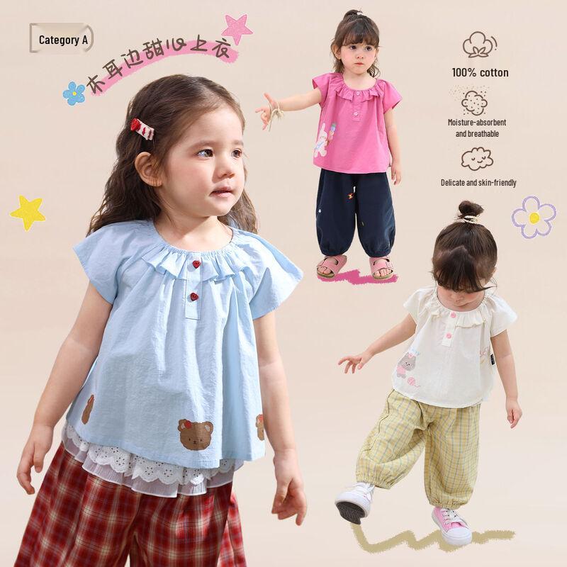 LUSON Baby Girls Ruffle Trim Short Sleeve Doll Collar Top 80