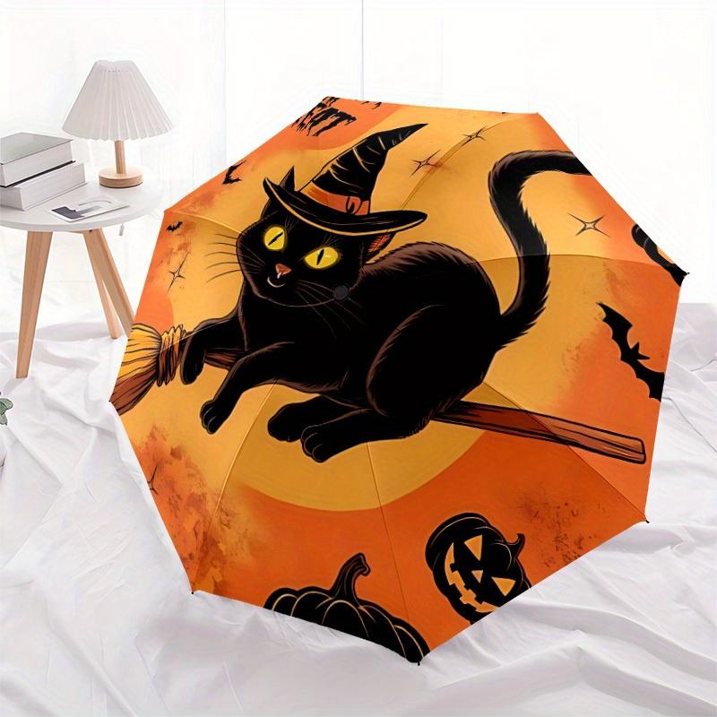 1 Stück Halloween-Katze Automatischer Regenschirm Hochwertiges Schirmdach, Tragbarer Faltregenschirm mit, Ideales Geschenk für - Reisen, Alltag, Formelle Anlässe, Stilvoller Ac