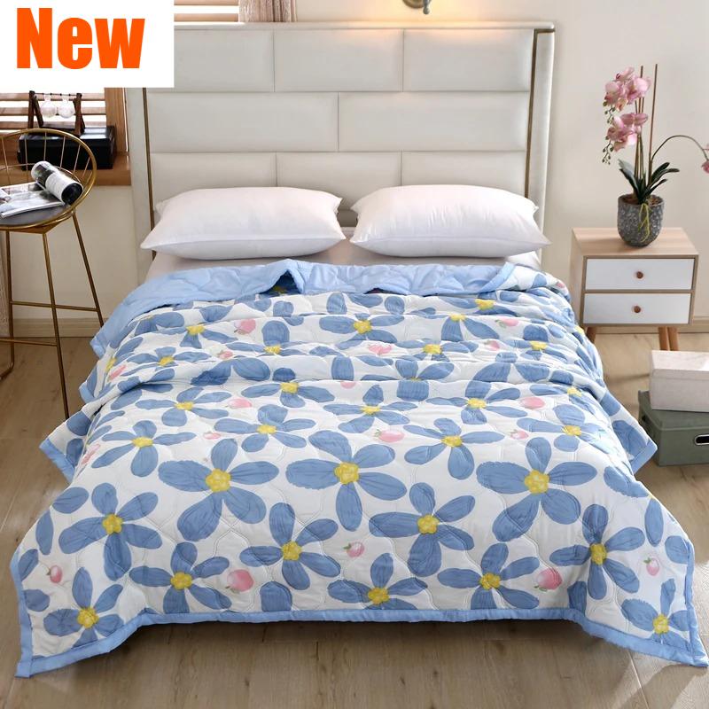 Elegant Printed Cooling Summer Quilt, Soft Washed Fabric Lightweight Quilted Comforter, Breathable Machine Washable Bed Blanket, 100×150cm