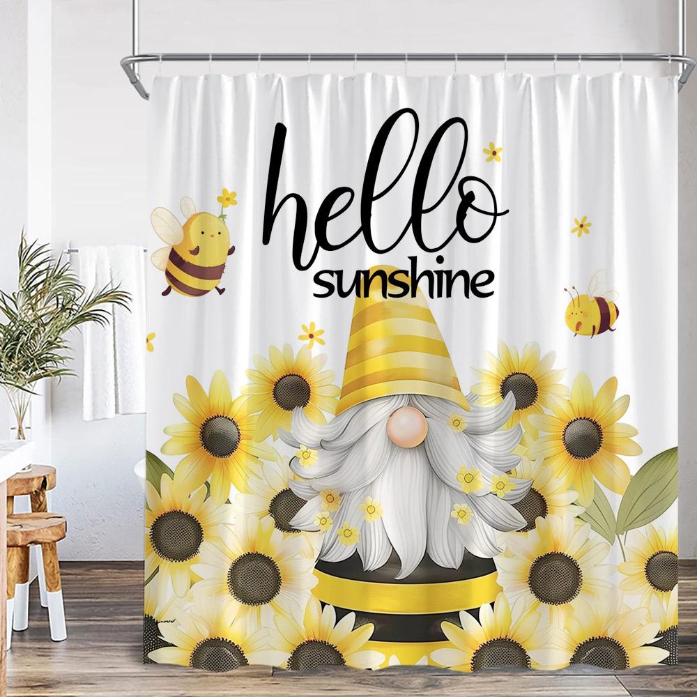 Elf Shower Curtain Sunflowers Summer Vacation Spring Floral Bath Decor Halloween Elf Bath Curtain Cloth Holiday Bathtub Curtain