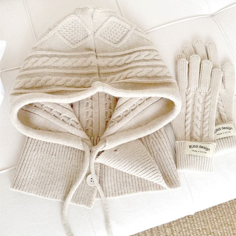 Wool Knitted Balaclava Hat with Neck Warmer Integrated Gloves Autumn Winter Neck Protection Warm Stylish Red with Gloves