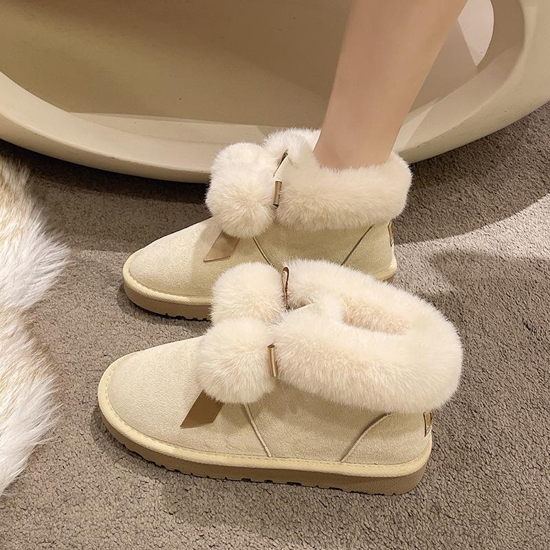 Women's Cute Fur Ball Fashion Lightweight Heightening Thick Sole Winter Warm Fur One Snow Boots Plush Lining Non-slip Casual Sports Cotton Boots