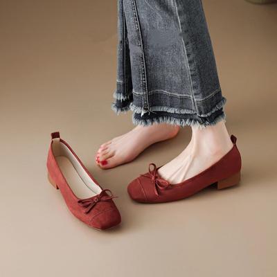 Leather Version! Half-song Red Ballet Single Shoes Women's Bow Retro Flat-bottomed Laden Shoes Square Head Shallow Mouth Grandma Shoes