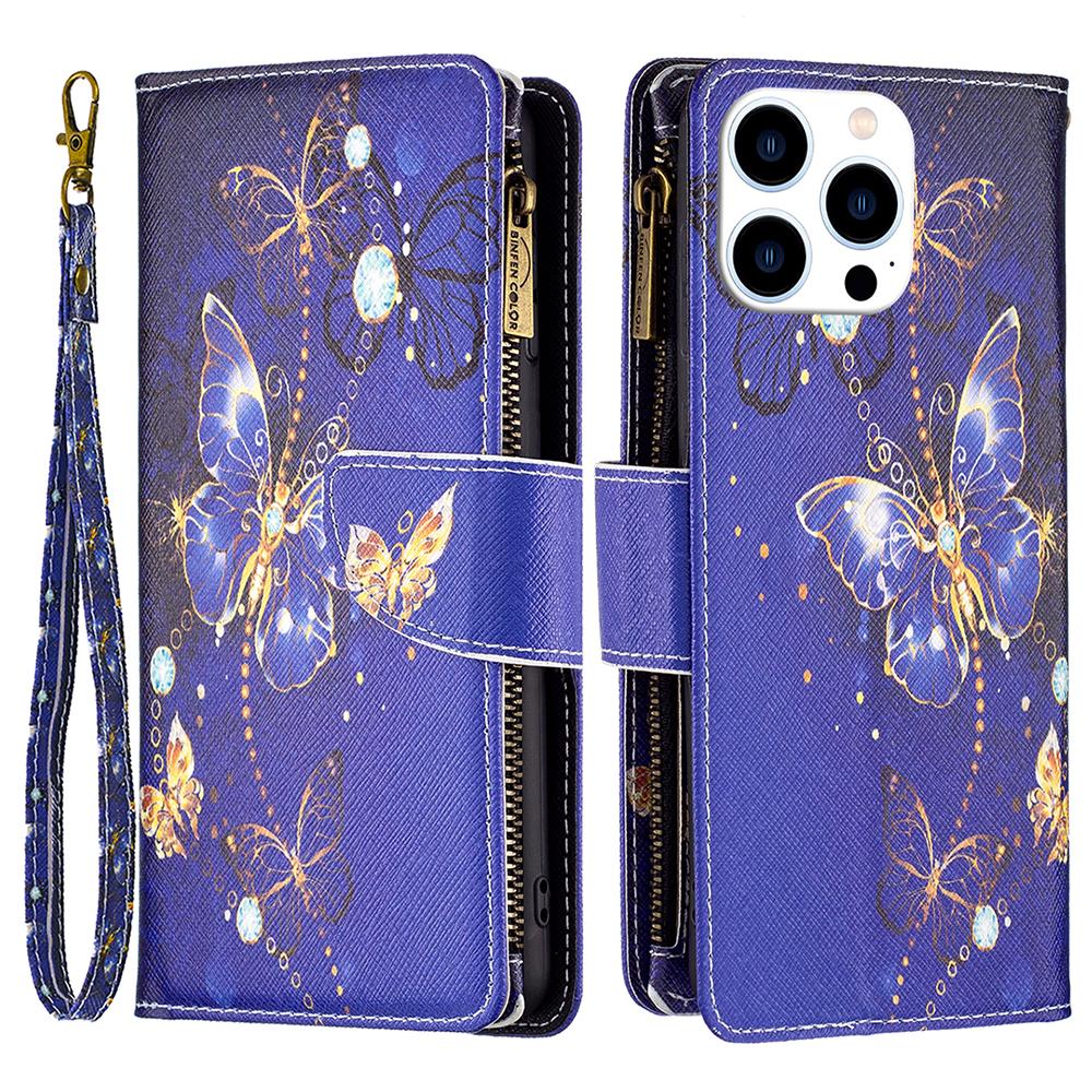 

BF03 For iPhone 16 Pro Max Case Pattern Printing Zipper Leather Phone Cover Purple Butterflies