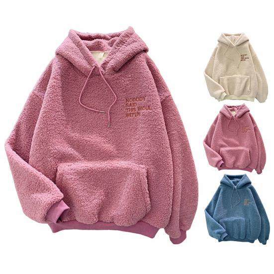 Moletom feminino com capuz, cordão, punho elástico, lã grossa, bolso de remendo, manga comprida solta, pulôver quente