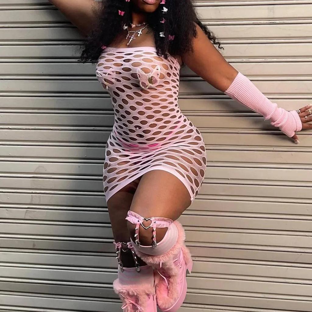 White Women Lingerie Fishnet Mini Dress Mesh Fishnet Bodysuit Lingerie See Through Babydoll Chemise Sleepwear Summer Dress
