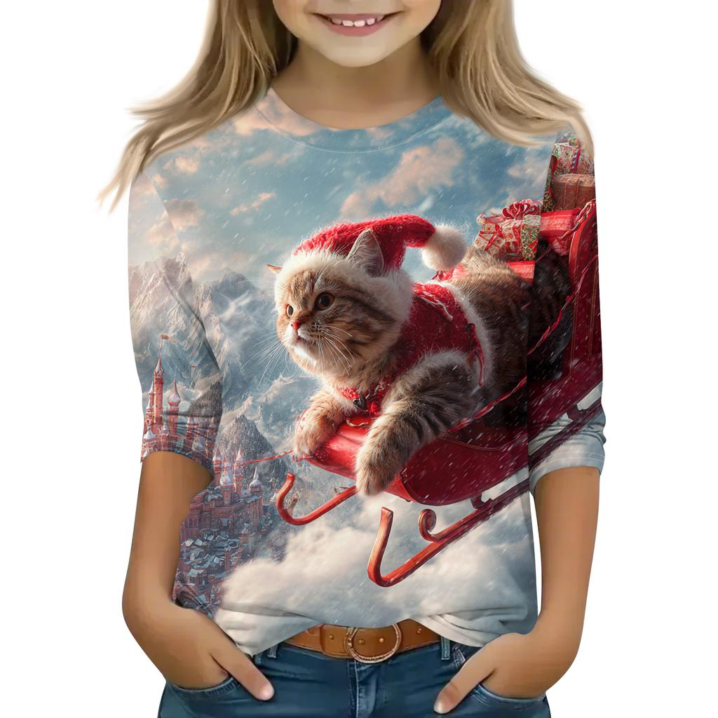 Christmas Day Print Tops For Youth Girls 5-16 Years Round Neck 3/4 Sleeves T-Shirts Trendy Tops Outfit Tees