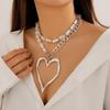 Women's Fashion Big Heart Pendant Necklace Exaggerated Unique Baroque Pearl Chain Love Heart Pendant Double-layer Necklaces