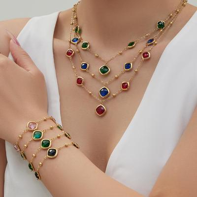 Geometric Glass Stone Earrings & Stainless Steel Bead Necklace Bracelet Set - Multi-color Patchwork Jewelry